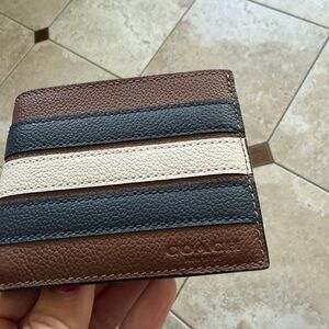 Coach Striped Leather Card Holder in Brown, Black & Cream